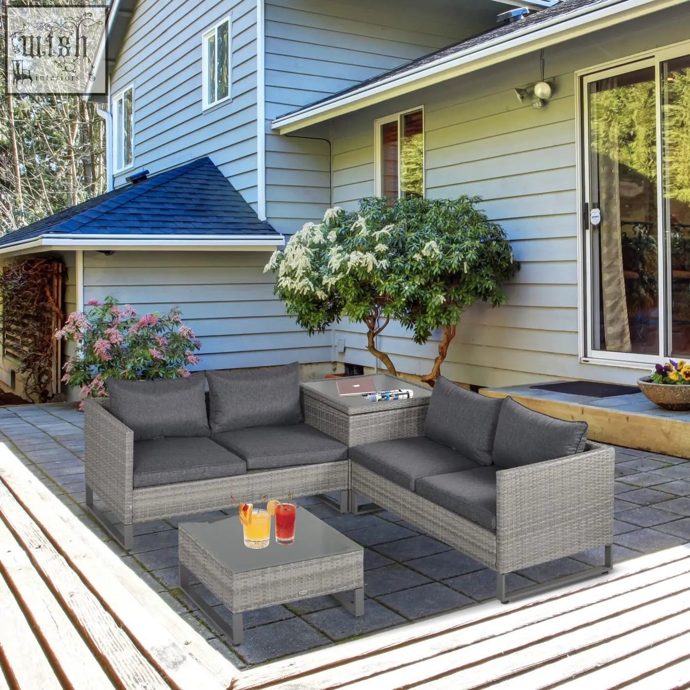 Gray woven wicker outdoor sectional sofa set with dark gray cushions and storage box on powder coated metal frame