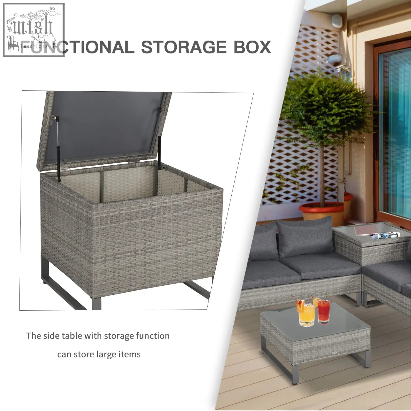 Gray woven wicker storage box with hinged lid and powder coated metal frame from outsunny garden furniture set