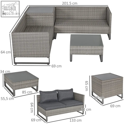 Gray woven wicker outdoor sectional sofa set with dark gray cushions and glass top table with storage box powder coated metal frame