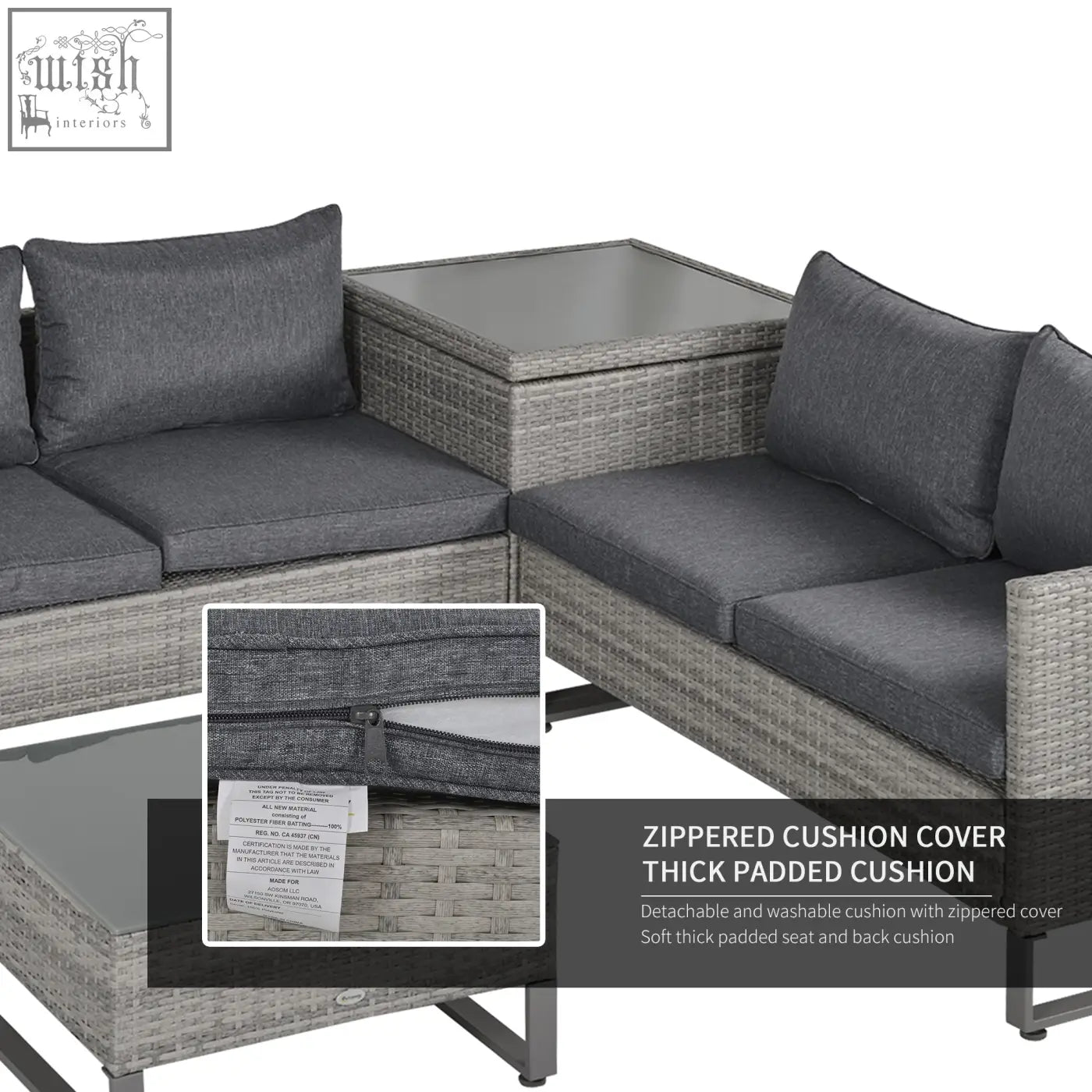 Gray woven wicker outdoor sectional sofa set with dark gray cushions and glass top table with powder coated metal frame and storage box