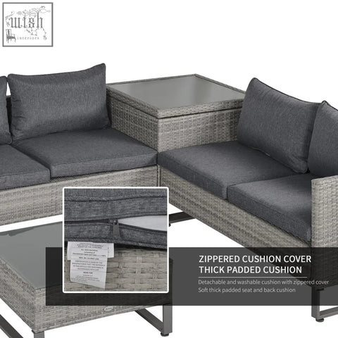 Gray woven wicker outdoor sectional sofa set with dark gray cushions and glass top table with powder coated metal frame and storage box