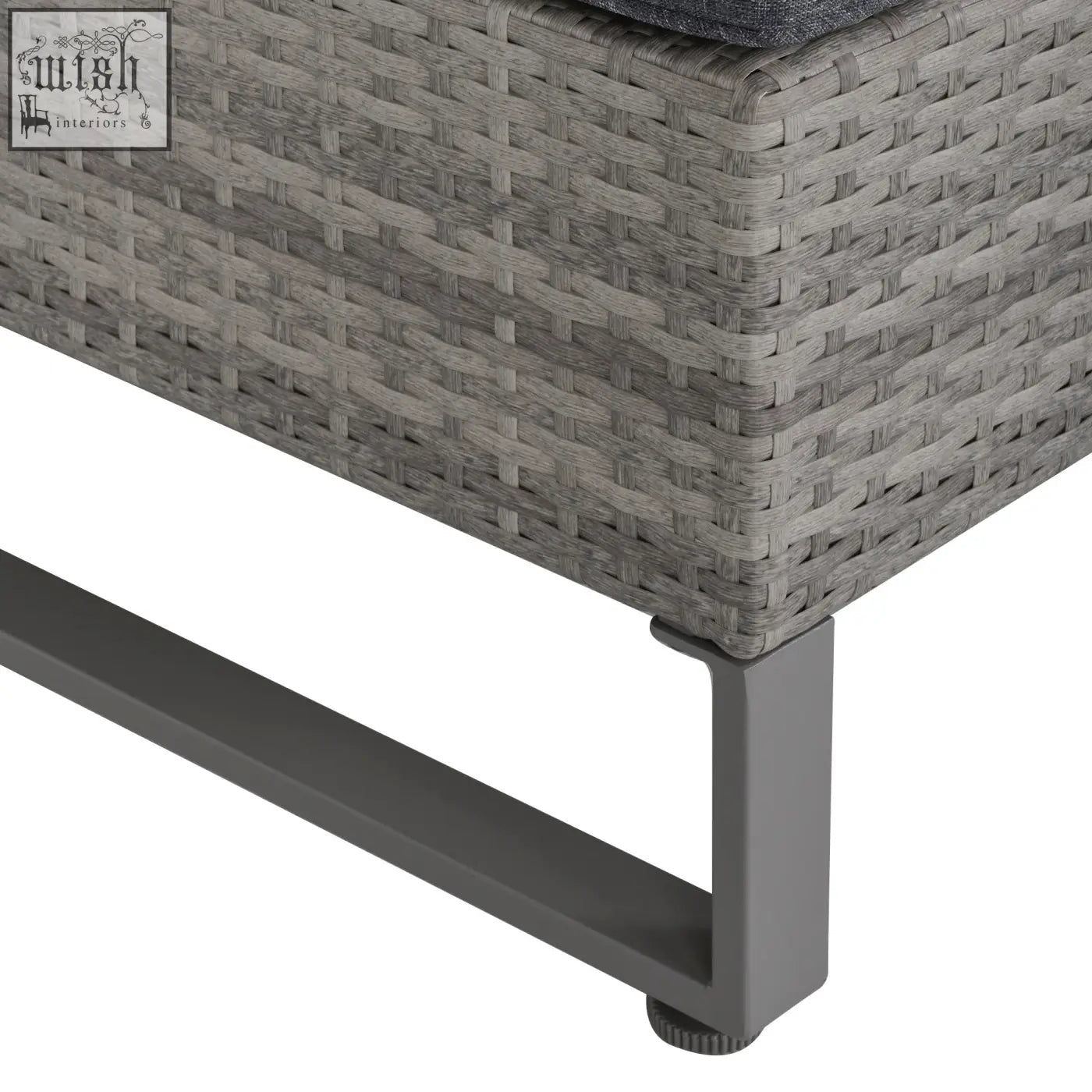 Gray woven wicker outdoor bench with dark gray cushion and powder coated metal legs in outsunny rattan set with storage box