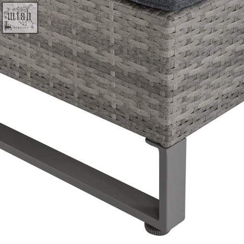 Gray woven wicker outdoor bench with dark gray cushion and powder coated metal legs in outsunny rattan set with storage box