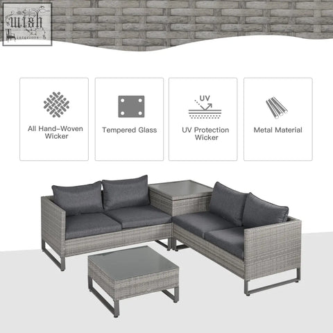 Outsunny gray wicker outdoor sectional sofa set with dark cushions, tempered glass table, storage box, and powder coated metal frame