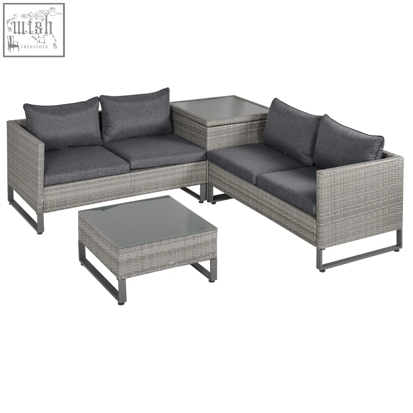 Gray woven wicker outdoor sectional sofa set with dark gray cushions and storage box on powder coated metal frame