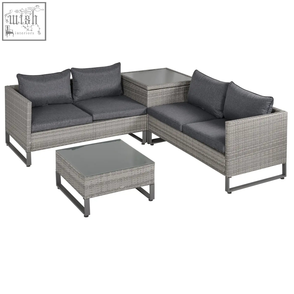 Gray woven wicker outdoor sectional sofa set with dark gray cushions and storage box on powder coated metal frame