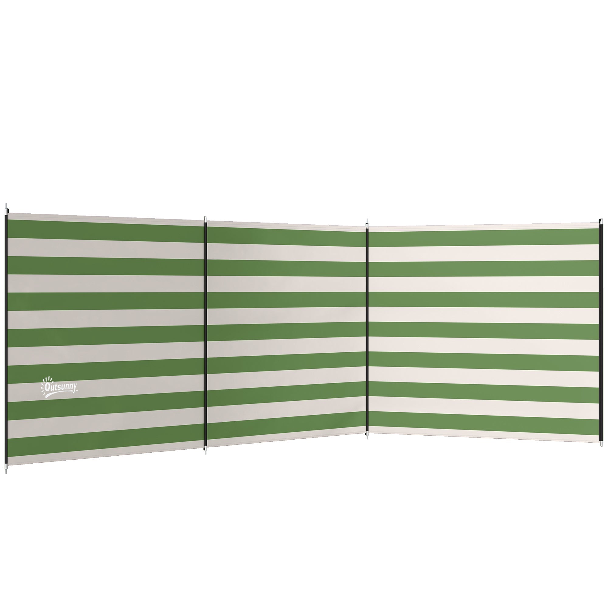 Outsunny 4 pole camping windbreak with green and white striped retractable screen, black frame, steel poles, guy ropes, and carry bag