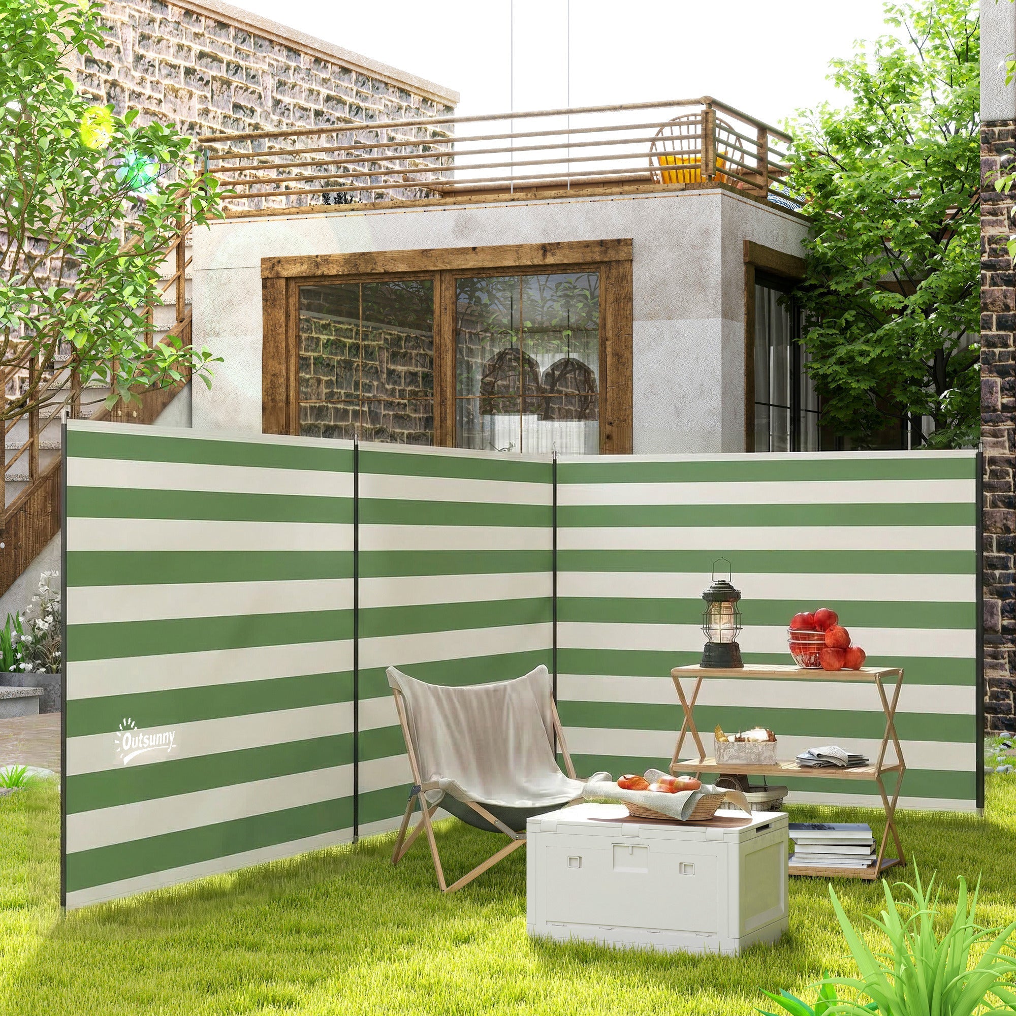 Outsunny 4 pole camping windbreak in green and white stripes with steel poles guy ropes and carry bag for outdoor use