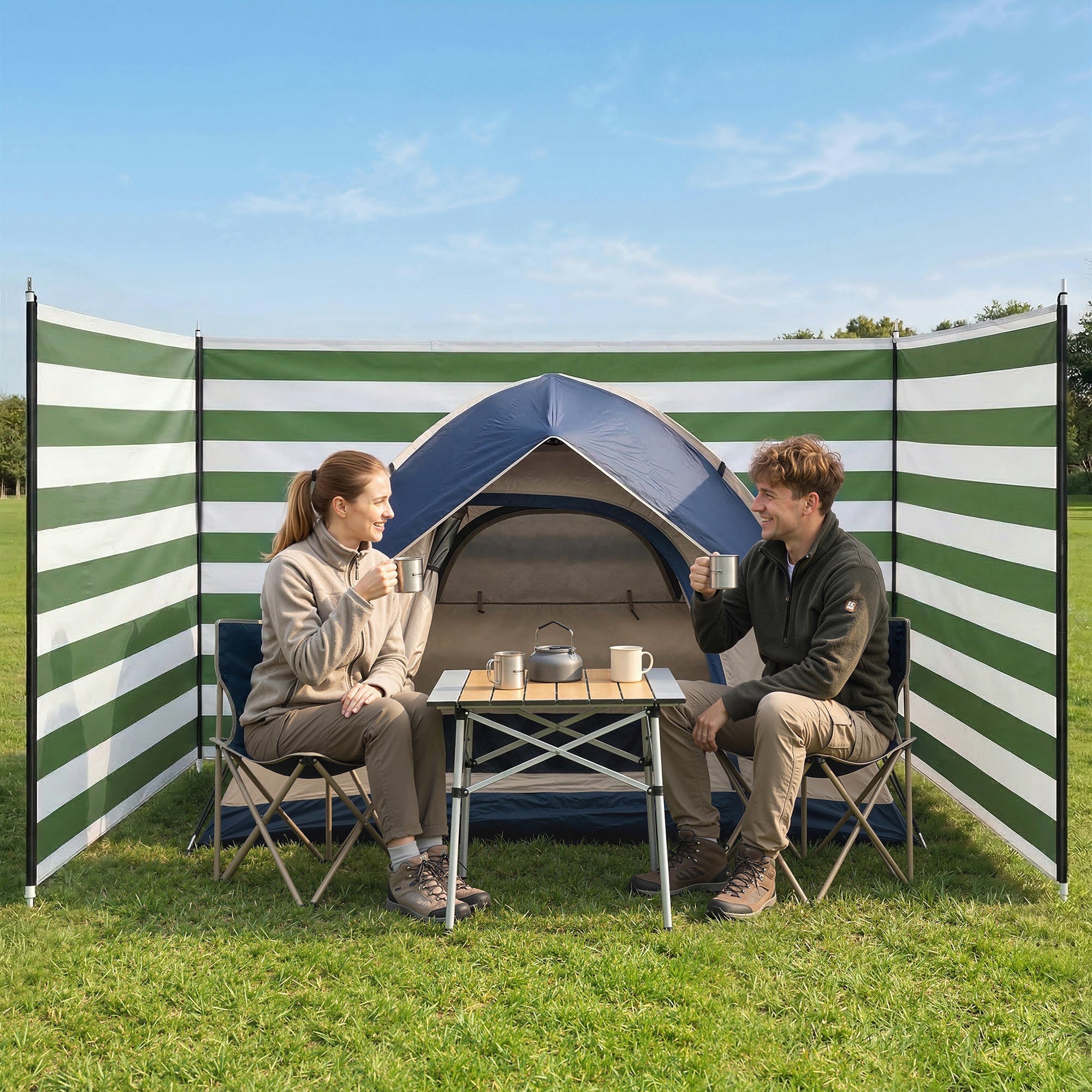 Blue dome tent with green and white striped Outsunny 4 pole camping windbreaks featuring steel poles guy ropes and carry bag