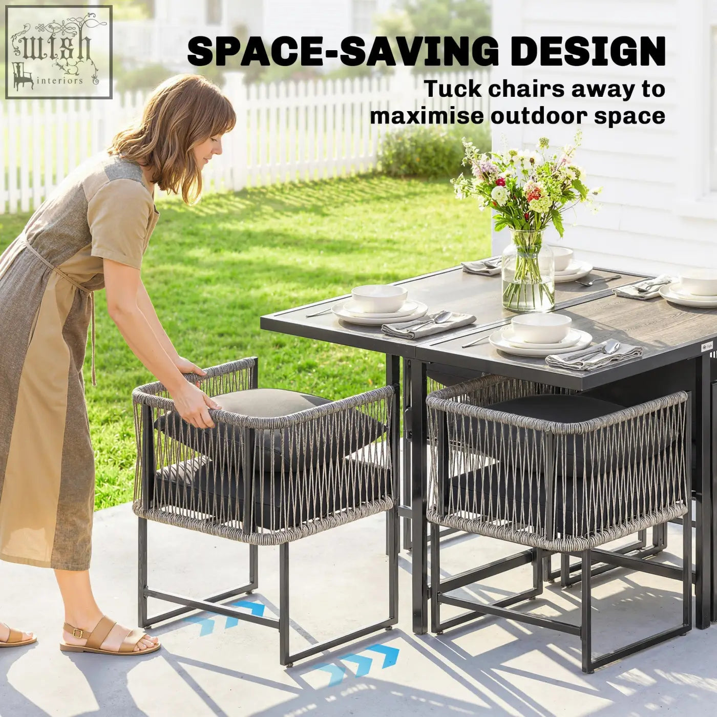 Gray woven wicker outdoor dining chairs with black cushions and metal frames from outsunny garden dining set