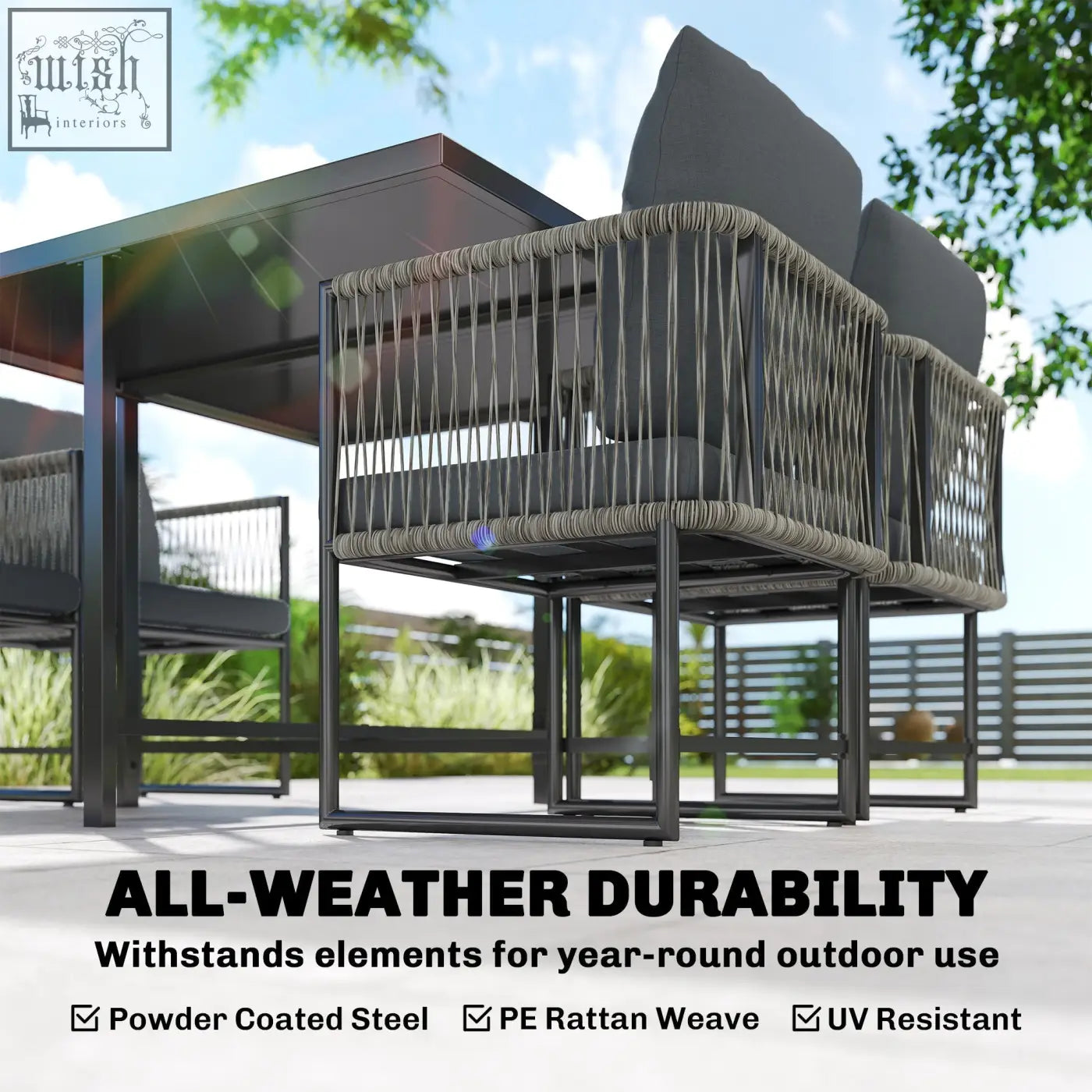 Gray woven pe rattan outdoor chair with dark gray cushions and black metal frame in outsunny garden dining set