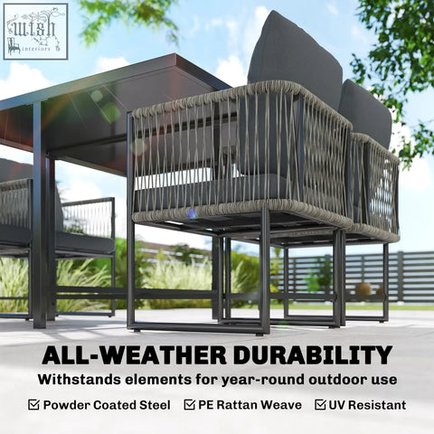 Gray woven pe rattan outdoor chair with dark gray cushions and black metal frame in outsunny garden dining set