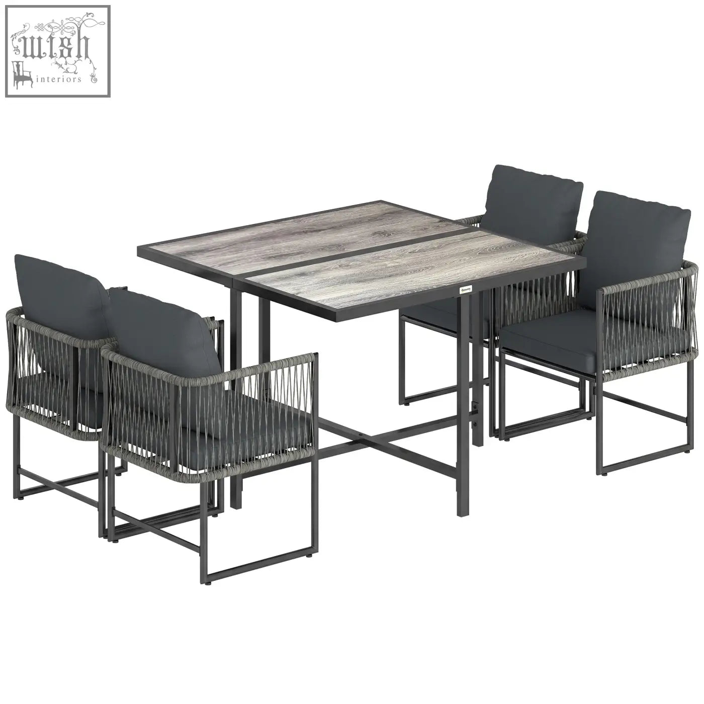 Outsunny 4-seater garden dining set with gray wood-grain tabletop and dark gray wicker chairs with cushions for outdoor use