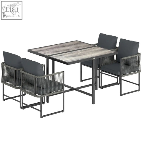 Outsunny 4-seater garden dining set with gray wood-grain tabletop and dark gray wicker chairs with cushions for outdoor use