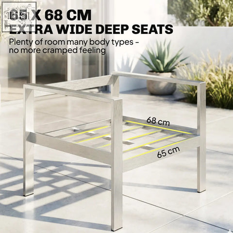 Silver metal outdoor bench with extra wide deep seats and a modern brushed aluminium frame in a garden furniture set