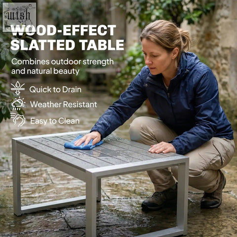 Outsunny 4 seater garden furniture set with silver wood-effect slatted table and brushed aluminium frame in dark grey