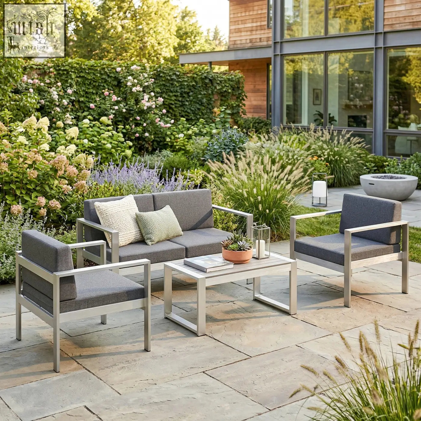 Modern outdoor patio furniture set with brushed aluminium frame and dark grey olefin cushions for garden use