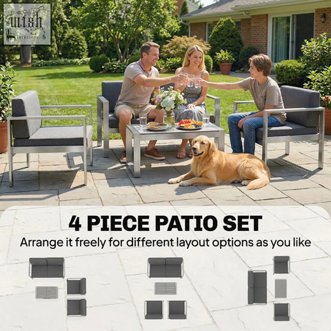 Modern gray outdoor patio furniture set with brushed aluminium frame and deep olefin cushions for garden use