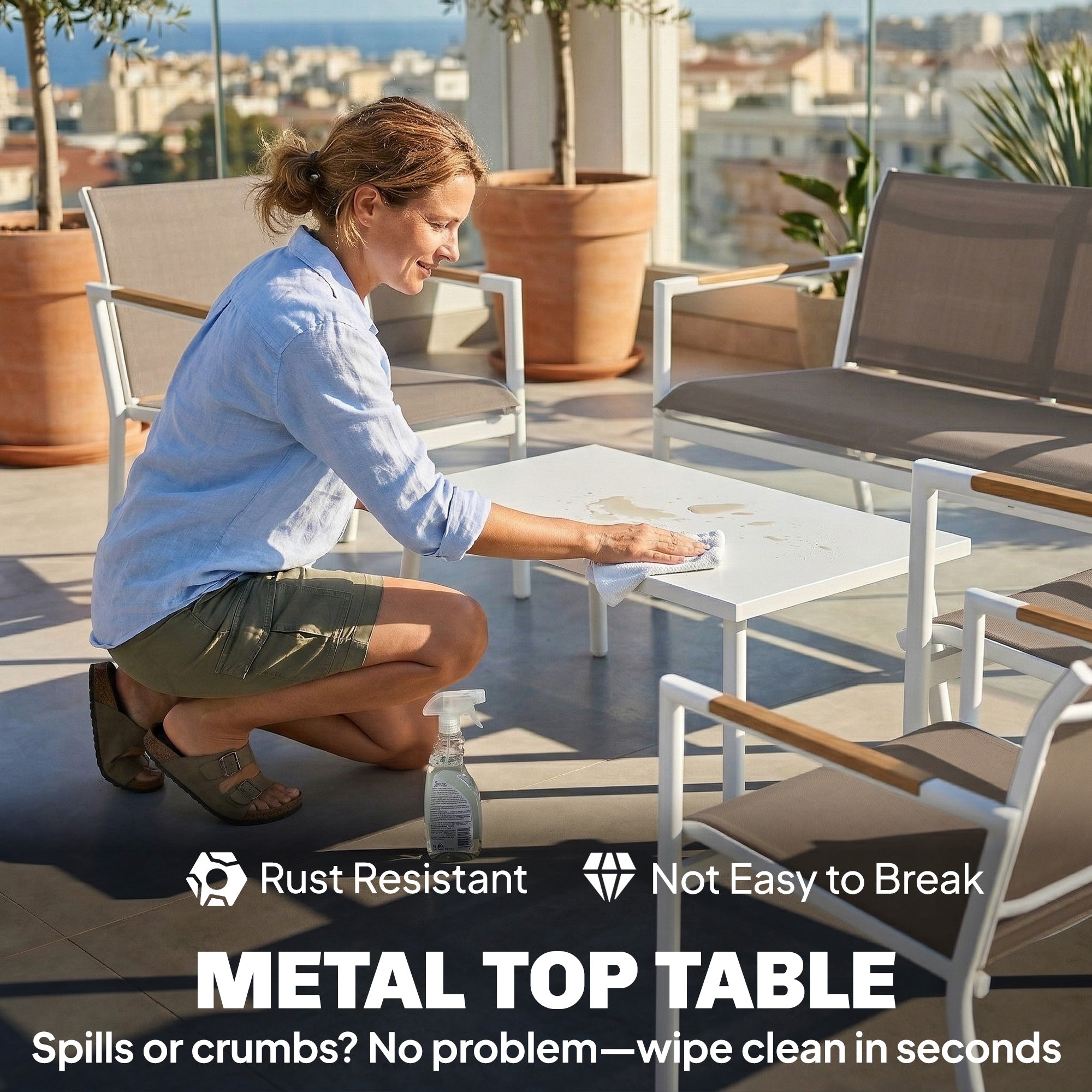 White metal-top table with sleek modern design and powder coated metal frame in khaki breathable mesh garden furniture set