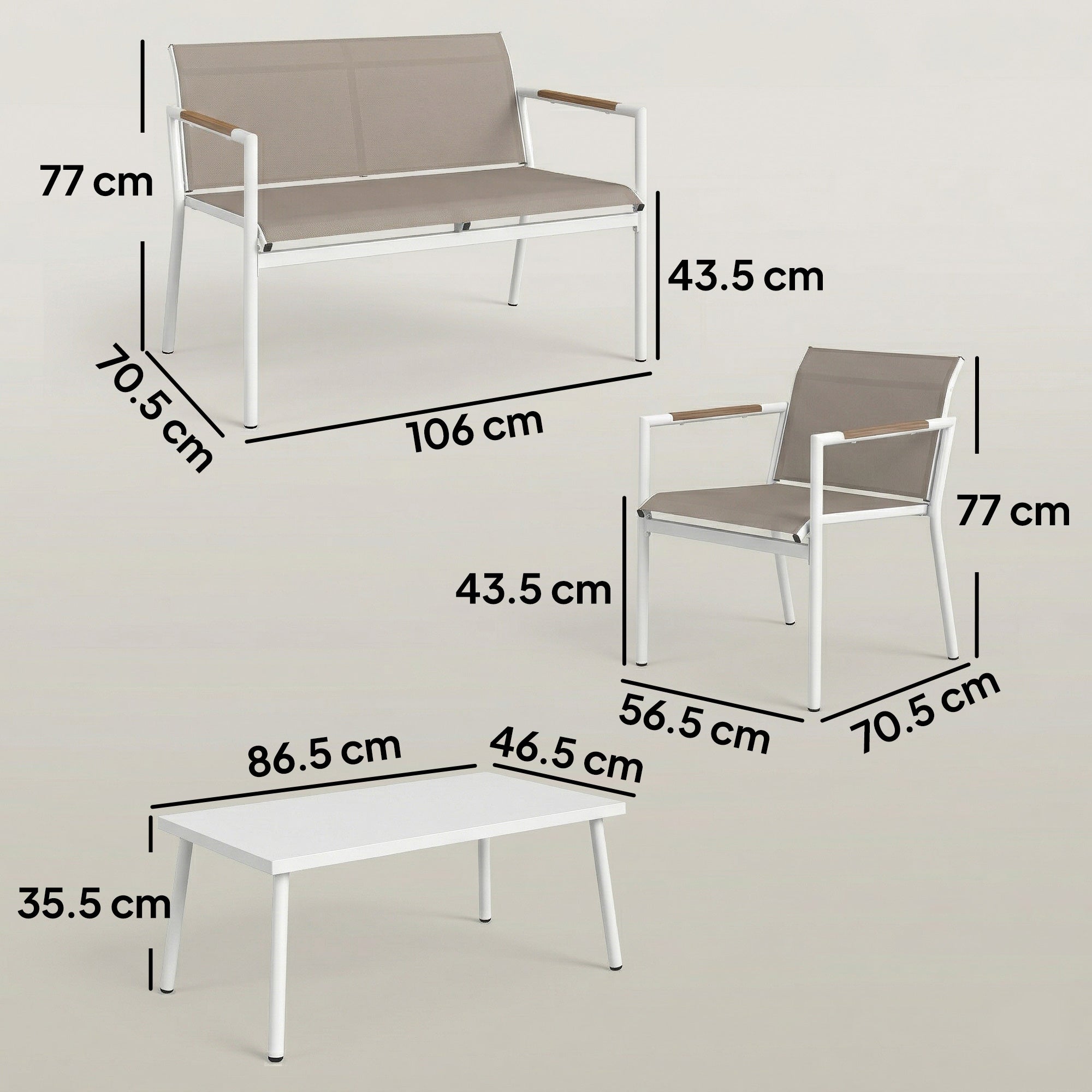 Modern outdoor garden furniture set with beige breathable mesh seats, powder coated metal frame, and white coffee table
