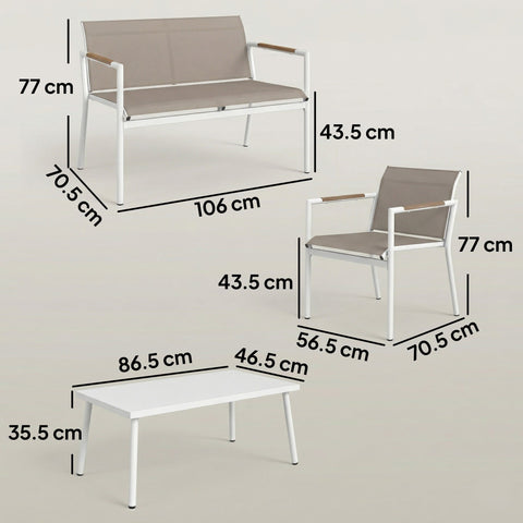 Modern outdoor garden furniture set with beige breathable mesh seats, powder coated metal frame, and white coffee table