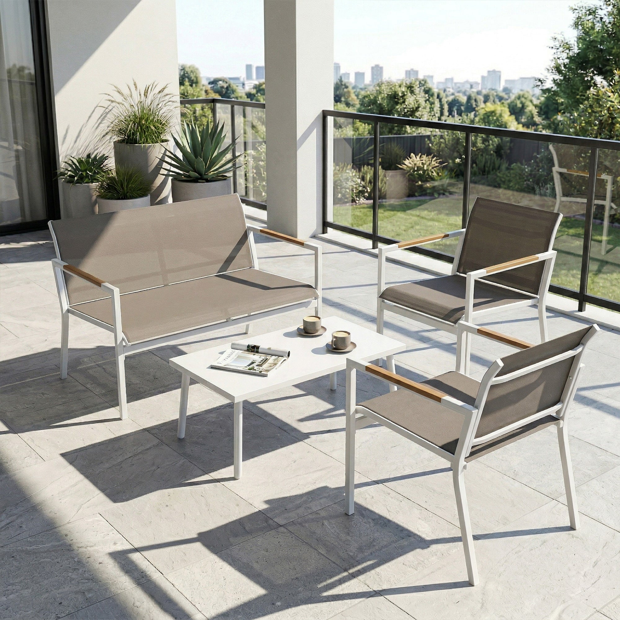 Outsunny 4 seater garden furniture set with breathable taupe mesh seats and powder coated metal frame with wooden armrests