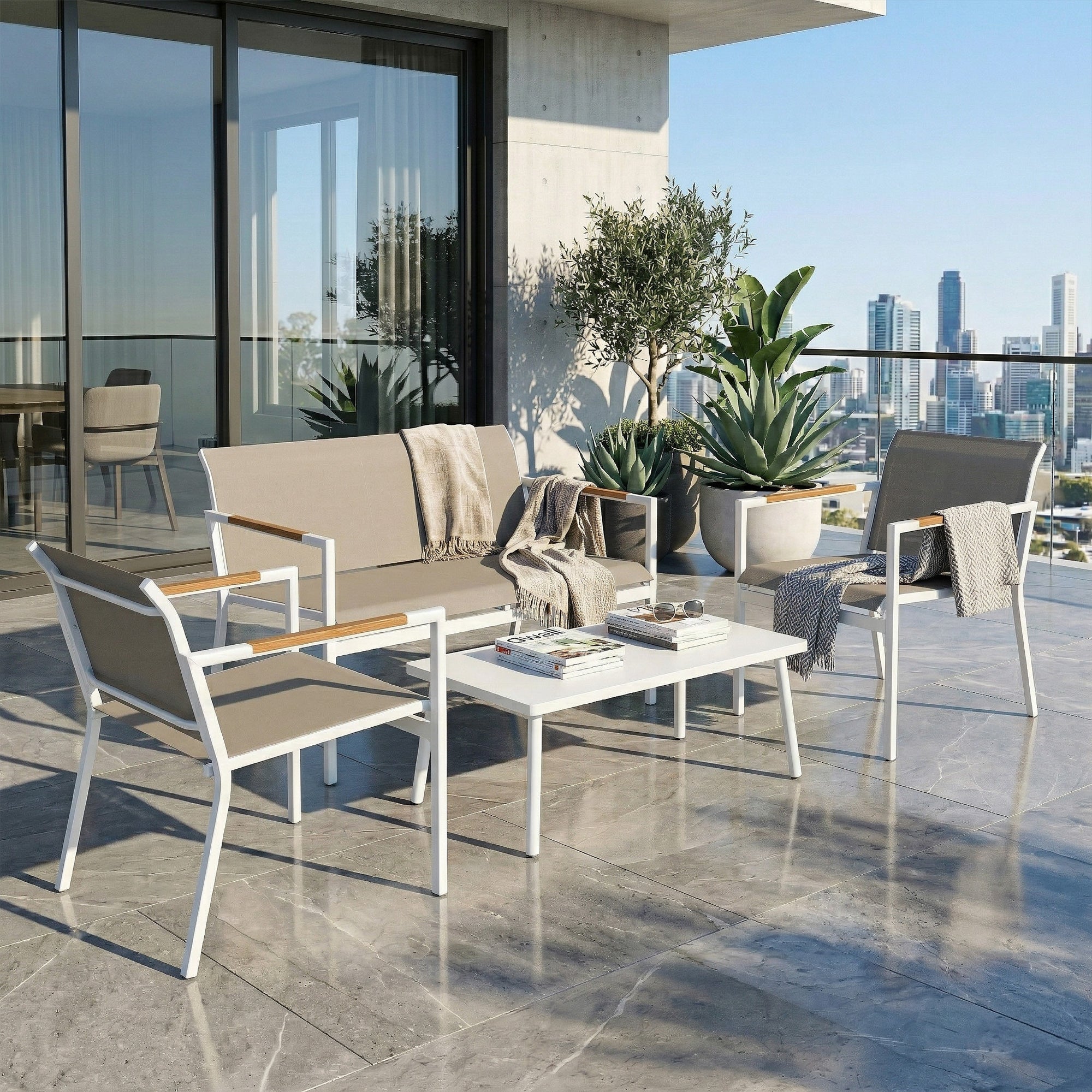 Modern outsunny 4 seater garden furniture set with breathable mesh beige cushions and powder coated metal frame