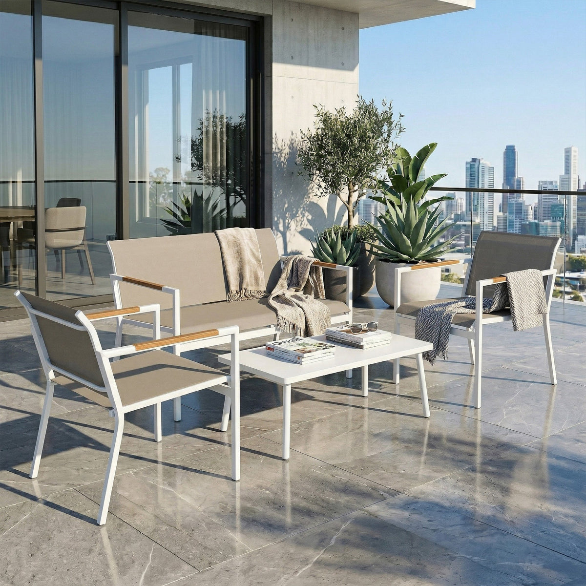 Modern outsunny 4 seater garden furniture set with breathable mesh beige cushions and powder coated metal frame