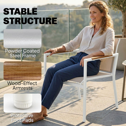 White powder coated metal garden furniture set chair with breathable mesh seats wood effect armrests and foot pads