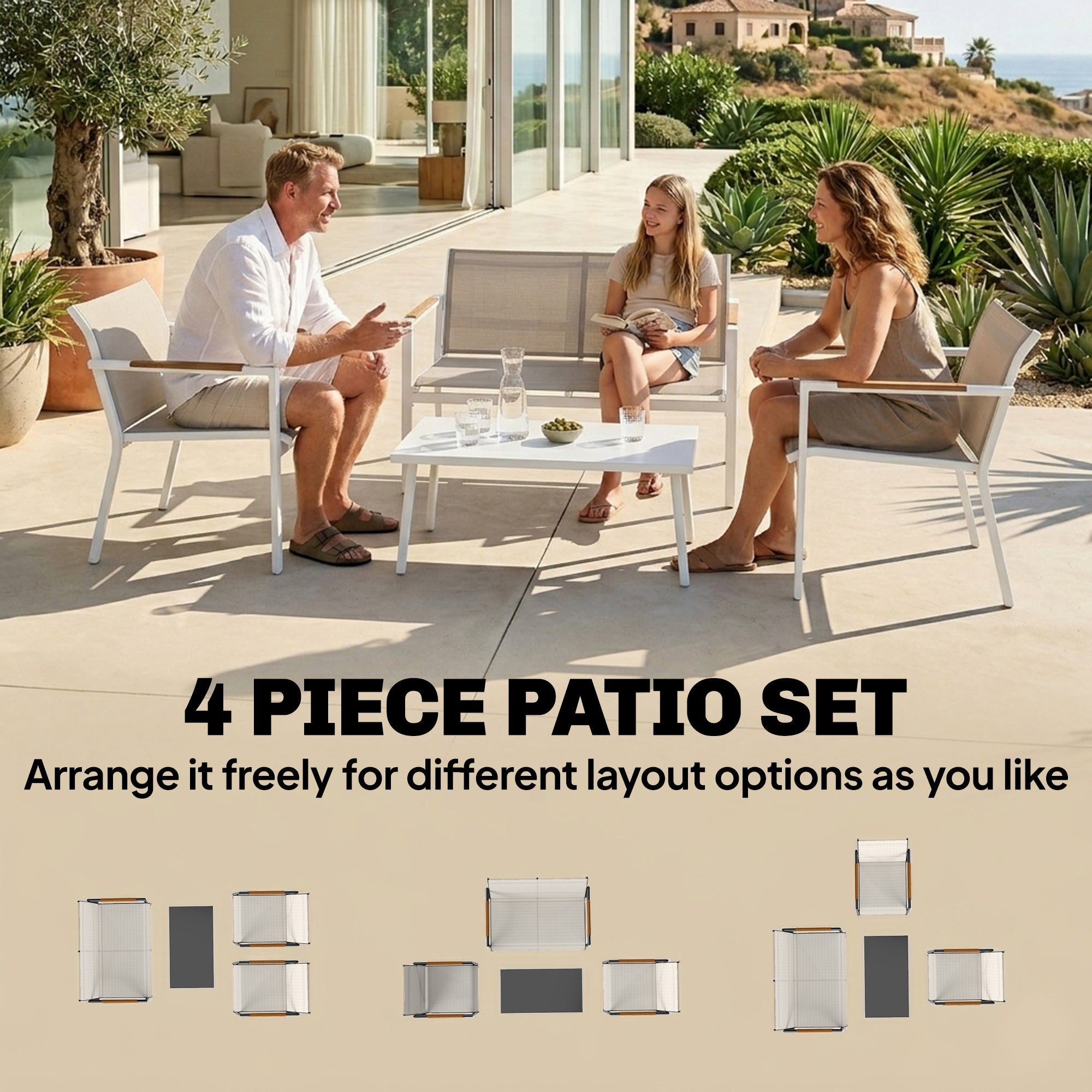 Modern white powder coated metal garden furniture set with breathable mesh cushions and wooden armrests in khaki