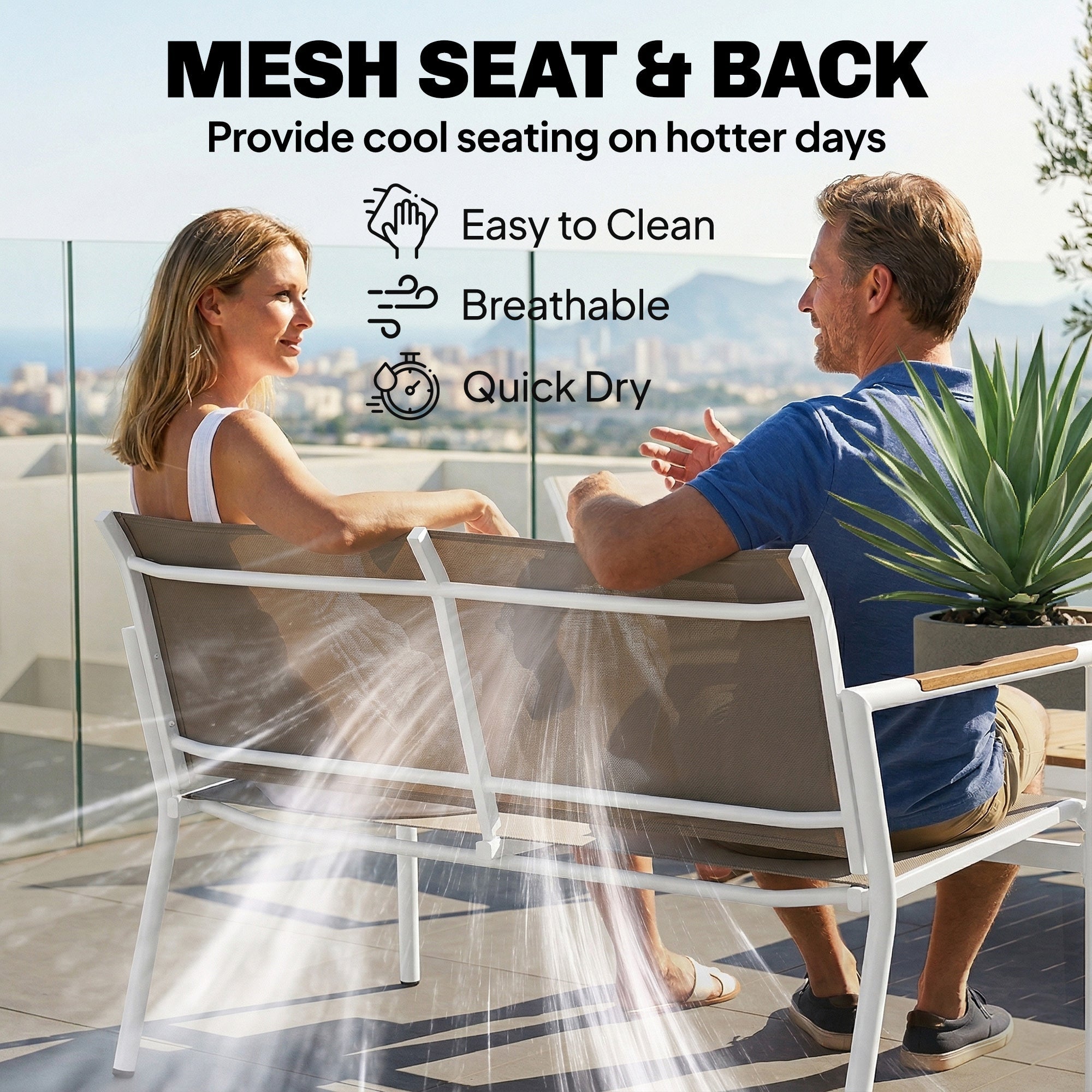 White metal frame outdoor bench with gray breathable mesh seat part of outsunny garden furniture set with powder coated metal