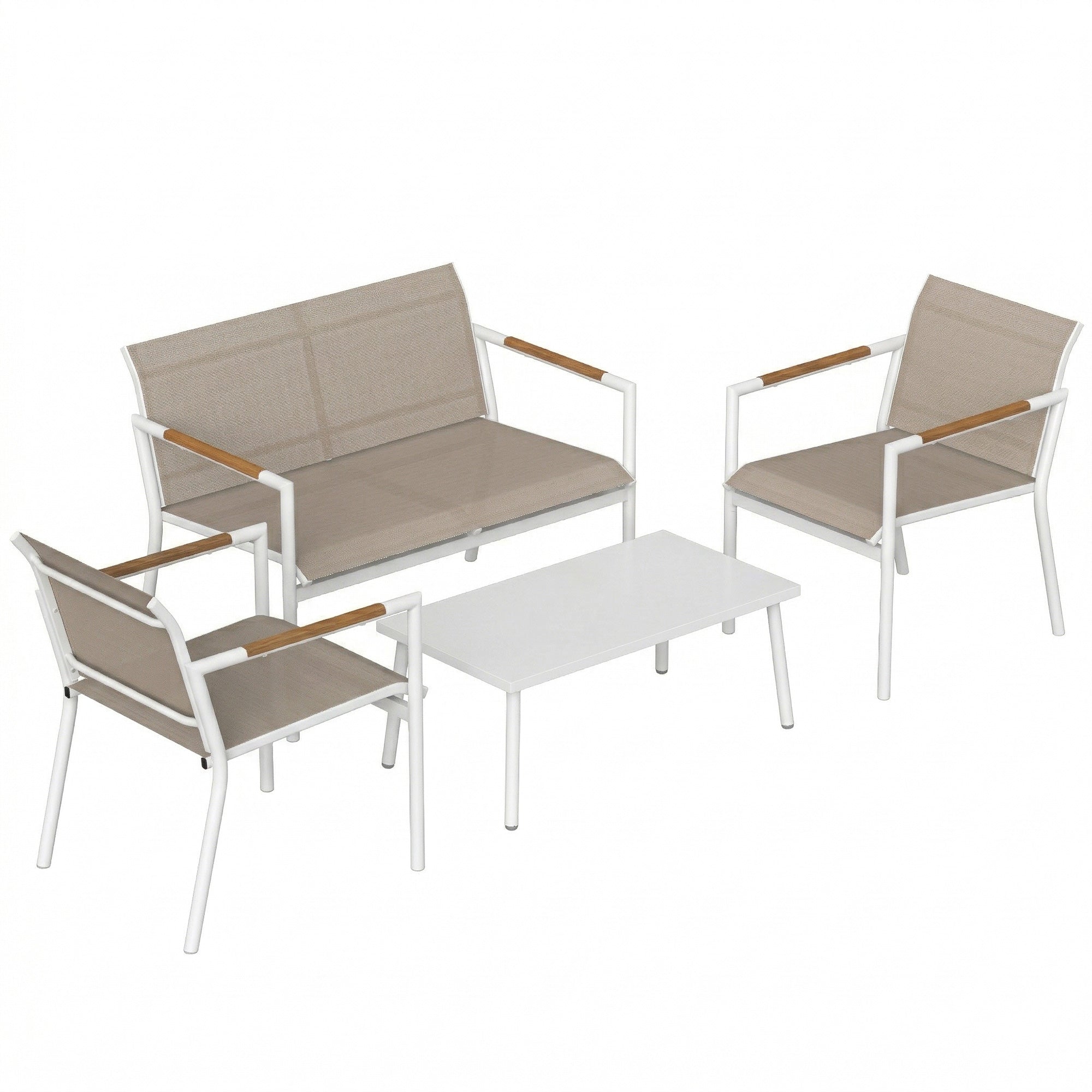 Outsunny 4 seater garden furniture set with breathable mesh khaki cushions powder coated metal frame and wooden armrests