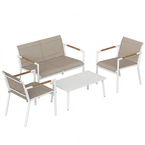 Outsunny 4 seater garden furniture set with breathable mesh khaki cushions powder coated metal frame and wooden armrests