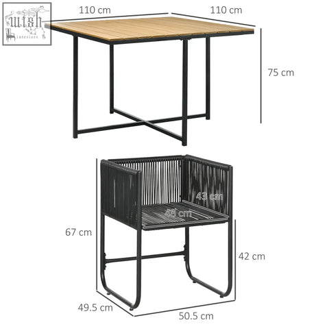 Outsunny 4 seater rattan cube garden furniture set with black metal frame table and matching black woven chairs for outdoor use