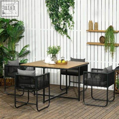 Black woven rattan cube garden furniture set with wooden table and cushioned chairs for outdoor dining seating four