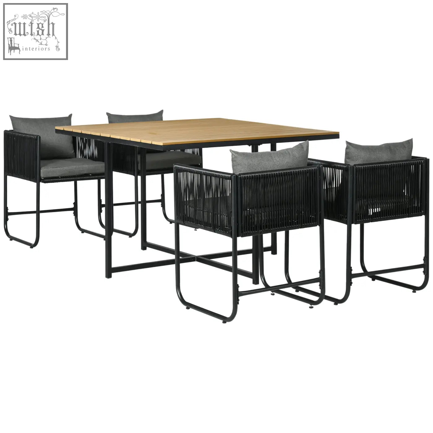 Black woven rattan cube garden dining set with gray cushions and light wood grain table for outdoor seating