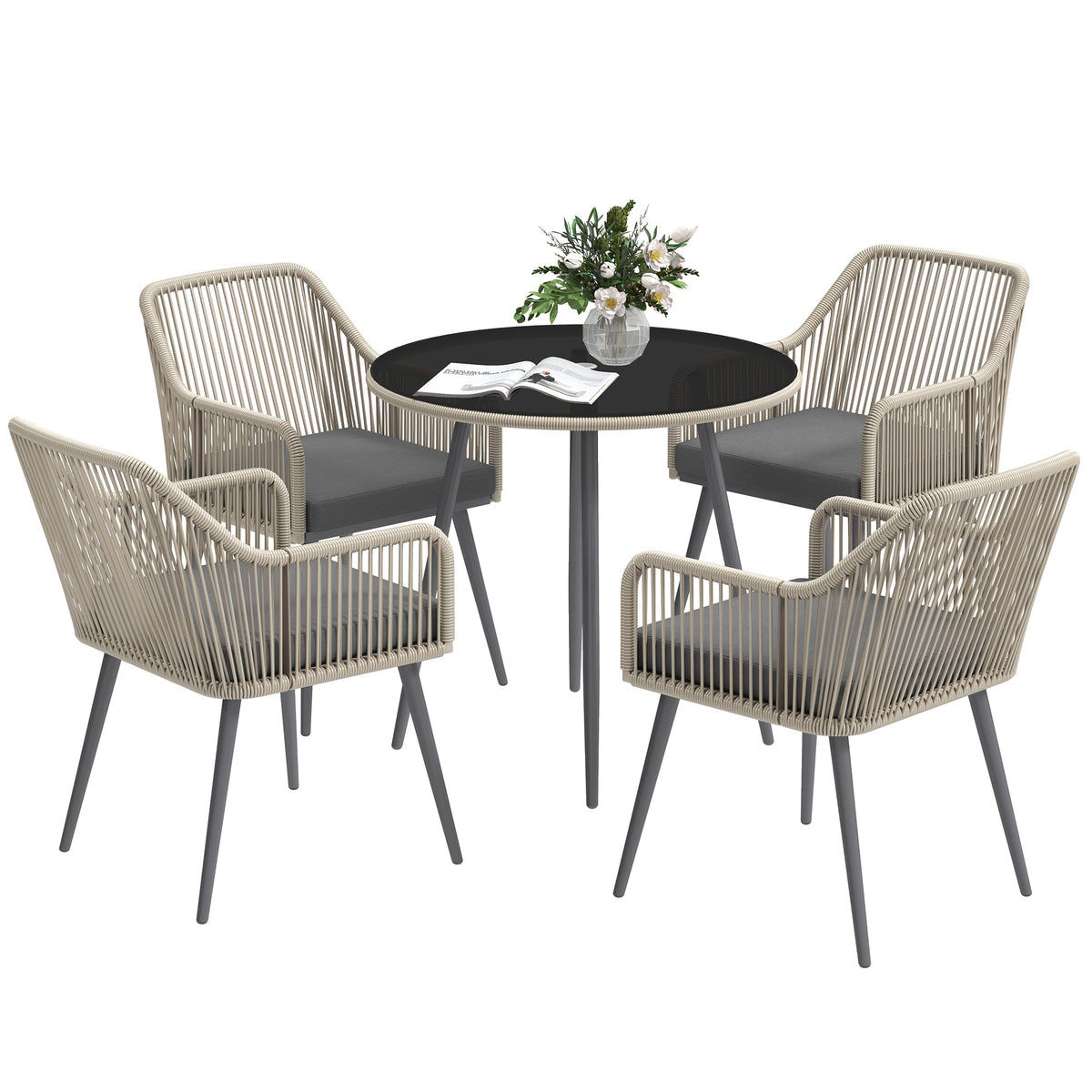 Outsunny 4 Seater Rattan Dining Set, Rattan Garden Furniture Set with Parasol Hole, Outdoor Dining Table and Chairs Set with Cushions, Round Glass Top Table for Patio, Balcony, Light Brown
