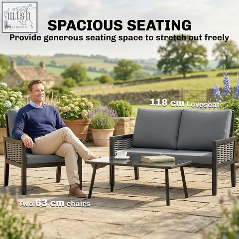 Dark gray cushioned loveseat with woven black wicker frame and matching side tables from outsunny rattan garden furniture set
