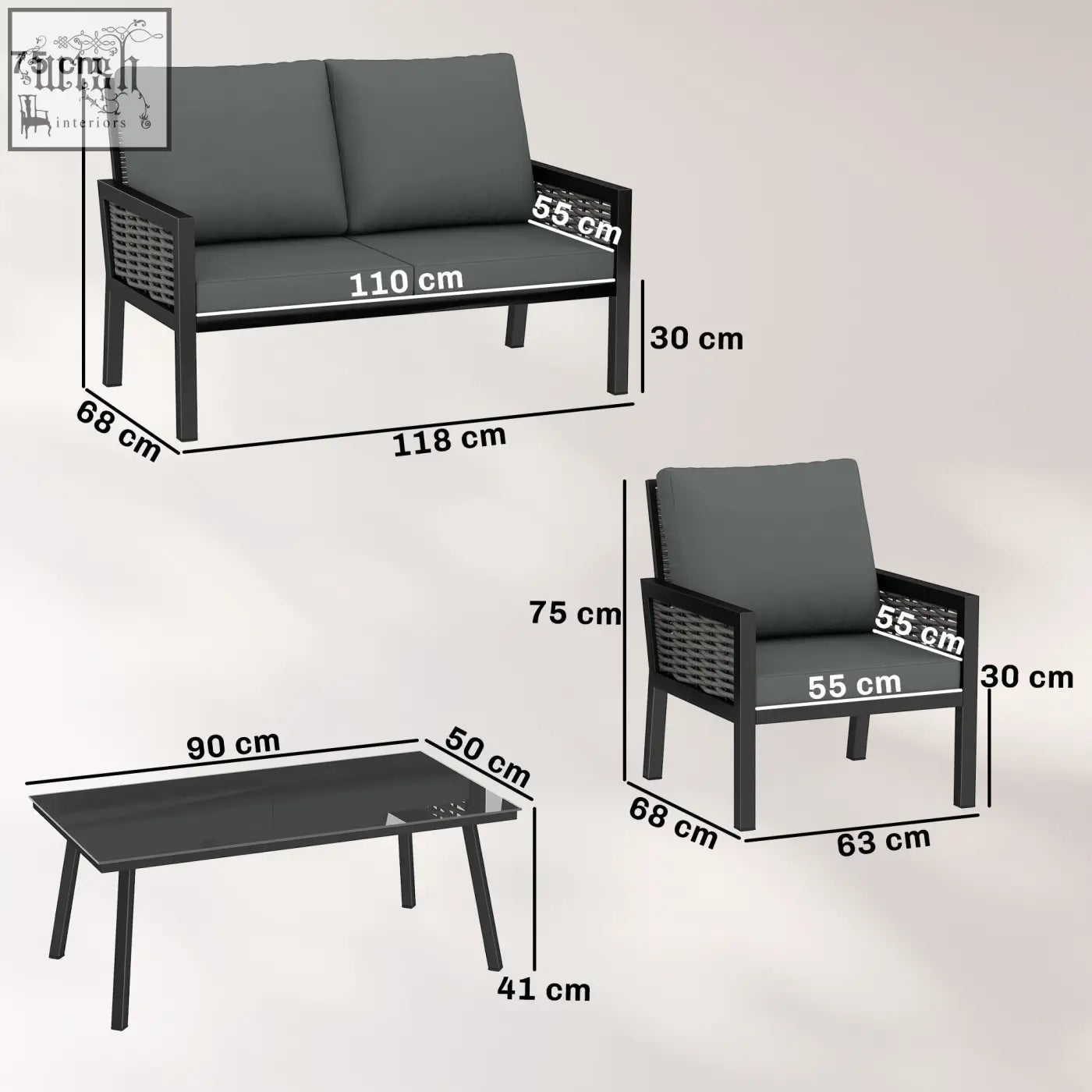 Outsunny 4 seater rattan garden furniture set with black wicker frame dark gray cushions and glass top coffee table
