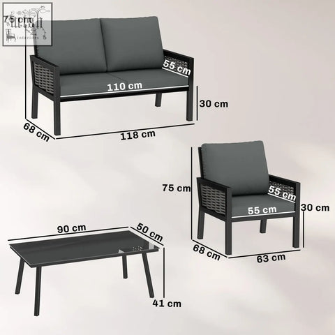 Outsunny 4 seater rattan garden furniture set with black wicker frame dark gray cushions and glass top coffee table