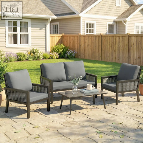 Gray cushioned outsunny 4 seater rattan garden furniture set with dark woven frame and matching coffee table