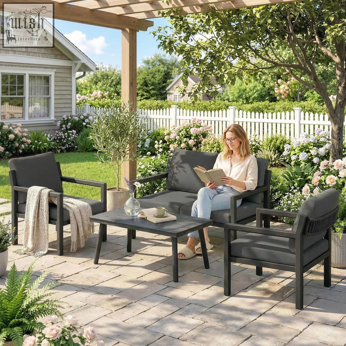 Dark gray outsunny 4 seater rattan garden furniture set with black metal frames and cushioned seating for outdoor use