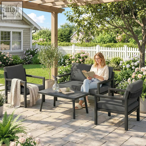 Dark gray outsunny 4 seater rattan garden furniture set with black metal frames and cushioned seating for outdoor use
