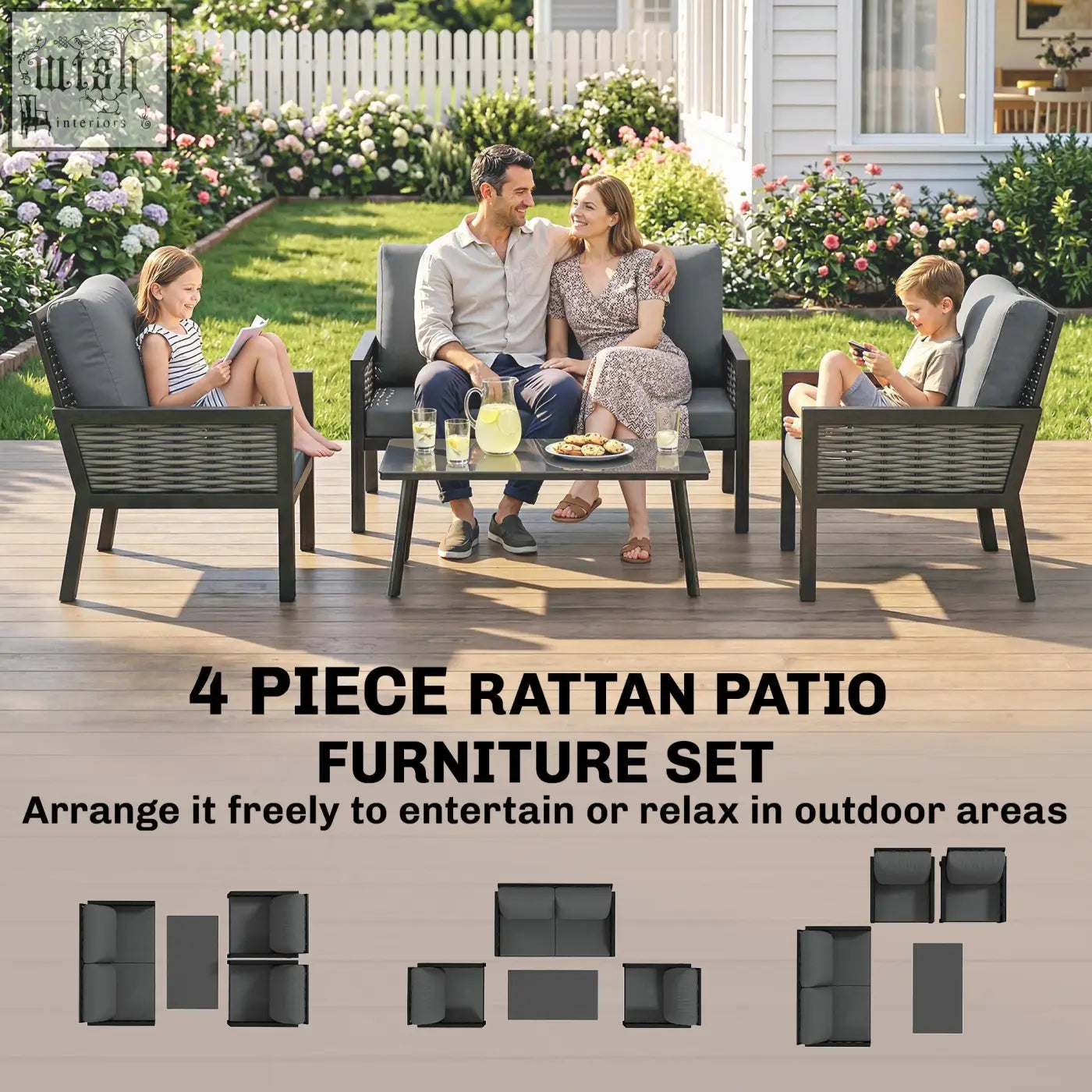 Outsunny 4 seater rattan garden furniture set with black woven rattan and dark gray cushions for outdoor use