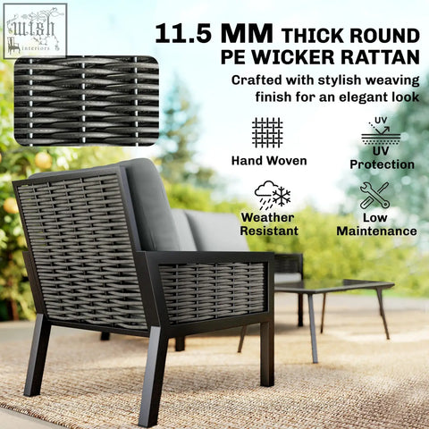 Black 11.5 mm thick round pe wicker rattan garden armchair with weather-resistant frame in dark grey for outdoor use