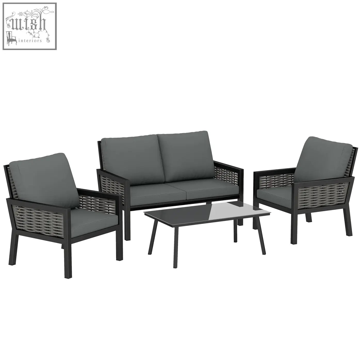 Black wicker rattan garden furniture set with gray cushions and glass-top coffee table for outdoor patio use