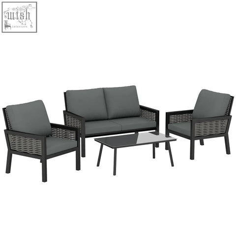Black wicker rattan garden furniture set with gray cushions and glass-top coffee table for outdoor patio use