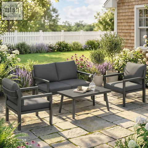 Modern gray outsunny 4 seater rattan garden furniture set with sleek metal frames and matching cushions for outdoor use