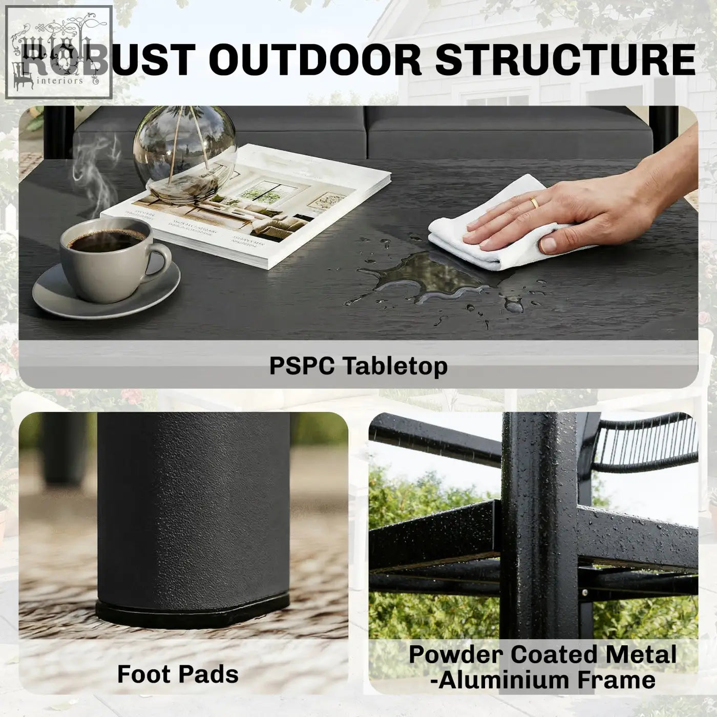 Outsunny dark grey rattan garden furniture coffee table with black powder-coated aluminum textured surface and sturdy foot pads