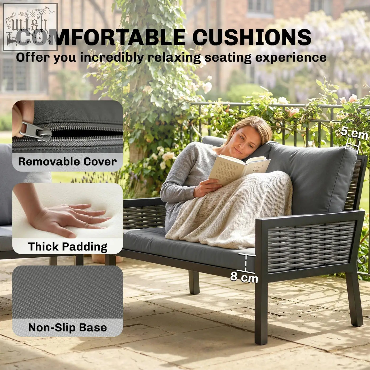 Gray woven rattan garden sofa with thick padding and removable cushion cover from outsunny 4 seater garden furniture set